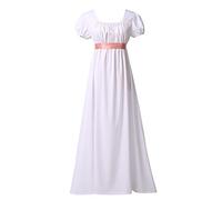 BLESSUME Regency - Abito da donna a fascia, con maniche a sbuffo e vita imperiale, abito da ballo, bianco, L