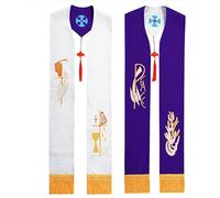 BLESSUME Stola da sacerdote, reversibile, ricamata, con nappe, per chiesa, ministro, pastore, scialli da matrimonio (bianco e viola)
