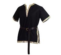 BLESSUME Tunica Medievale Camicia Vichingo Cavaliere Costume con Cintura (XL, Nero)
