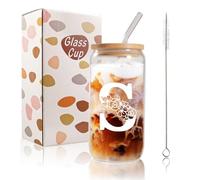 Bliceon Tazza da caffè freddo in vetro con iniziale A-Z, personalizzabile, da 500 ml, per mamma, amici e sorelle, uomini, papà, tazza da caffè freddo, con coperchi e cannucce (S)