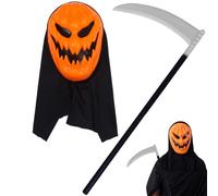BlinBlin Maschera Zucca Arancione Halloween con Falce della Morte, Regolabile, Perfetta per Halloween, Giochi di Ruolo e Carnevale