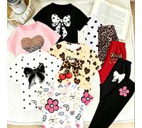 Blind Box 5-In-1 Abbigliamento Primavera e Estate, Set Casual Moda Creativa Personalizzata Rinfrescante Semplice Stampa Leopardo Lucida Stampa Cuore Stile Casual Estivo maglietta Corta Base e Pantalon