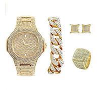 Bling-ed Out It's Lit! GJM13 - Orologio e gioielli in stile hip hop con bracciale a catena cubana, orecchini e anello con aquilone, 11, Alluminio, Strass