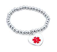 Bling Jewelry Allarme medico vuoto ID Stretch Bead Bracciale forma di cuore Charm Tag Incisibile per le donne adolescenti in acciaio inox tono argento