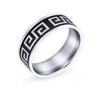 Bling Jewelry Anello a fascia piatta con motivo geometrico antico greco chiave per matrimonio per uomini e donne in acciaio inossidabile bicolore nero argento 8MM