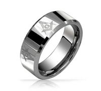 Bling Jewelry Anello da Matrimonio massonico in Titanio con Squadra e Compasso per Uomini, Tono Argento Lucido, vestibilità Comoda 8MM