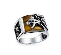 Bling Jewelry Anello da uomo con pietra preziosa, testa di leone, occhio di tigre marrone ruggente per uomo, argento massiccio ossidato 925, fatto a mano in Turchia