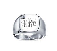 Bling Jewelry Anello Da Uomo Personalizzato Con Zirconi Cubici CZ Incisione Monogramma Iniziale Dichiarazione Sigillo Quadrato Per Uomo Tono Argento Acciaio Inossidabile Incisione Personalizzata