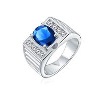 Bling Jewelry Anello Di Fidanzamento Da Uomo Con Smeraldo Blu Taglio Ovale Finitura Spazzolata Placcato In Argento Banda Larga 3CT AAA CZ Dichiarazione Personalizzabile