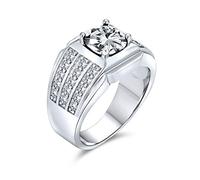 Bling Jewelry Anello di fidanzamento maschile personalizzato con pietra preziosa AAA Cubic Zirconia, fascia laterale larga a 3 file pavé, solitario 3CT AAA CZ, placcato argento, personalizzabile.