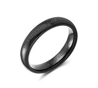 Bling Jewelry Anello di nozze in titanio nero semplice a cupola personalizzato per coppie, per uomini e donne, comfort fit 4MM con incisione personalizzata.