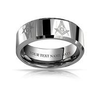 Bling Jewelry Anello di nozze massonico personalizzato in titanio con squadra e compasso, tono argento, vestibilità comoda 8MM, incisione personalizzata.