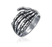 Bling Jewelry Anello Fascia Avvolgente Per Uomo Adolescente In Acciaio Inossidabile Color Argento Ossidato Con Mano Scheletro Per Halloween Goth Biker Punk Rocker
