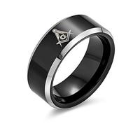 Bling Jewelry Anello in Titanio Nero Massonico con Squadra e Compasso Incisi al Laser per Uomo Comfort Fit 8MM