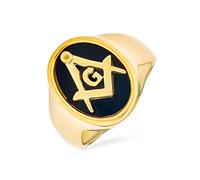 Bling Jewelry Anello Massonico da Uomo con Compasso Quadrato della Società Segreta, Ovale Nero, Placcato in Oro 14K in Acciaio Inossidabile