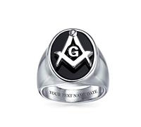 Bling Jewelry Anello Massonico Personalizzato per Uomo in Acciaio Inossidabile con Bussola Quadrata Nera Ovale e Incisione Personalizzata