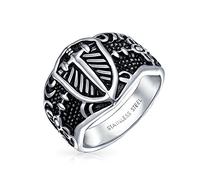 Bling Jewelry Anello Per Uomo Con Scudo Religioso Vichingo Con Sigillo A Banda Maltase Fleur De Lis Croce Argento Ossidato In Acciaio Inossidabile Tono Argento