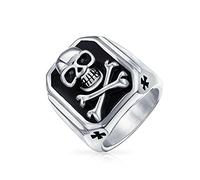 Bling Jewelry Anello Sigillo Rettangolare in Acciaio Inossidabile tonalità Argento con Teschio E Ossa Incrociate di Pirati dei Caraibi Smalto Nero per Uomini E Ragazzi