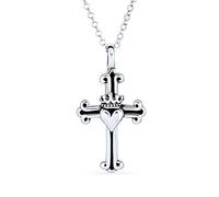 Bling Jewelry Antico San Giacomo Religioso Fleurette Anticato Re Corona Cuore Fleur De Lis Croce Ciondolo Collana Solido Ossidato .925 Argento Sterling