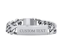 Bling Jewelry Bracciale identificativo per uomo personalizzabile con incisione, barra solida con nome, placcato, catena a maglie curb, tono argento, acciaio inossidabile inciso su misura.