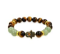 Bling Jewelry Braccialetto Elastico con Perline Rotonde di Occhio di Tigre Marrone Tinta Verde E Giada Nuova per Donne, Uomini E Adolescenti, con Mano di Fatima Placcata in Oro