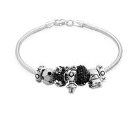 Bling Jewelry Braccialetto Multi-Charme Cheerleader Calcio Mamma Bianco E Nero Per Donne E Adolescenti .925 Argento Sterling Stile Europeo 7 Pollici