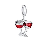 Bling Jewelry Celebration Toast Doppio Vino Rosso Bicchieri Penzolare Charm Bead Per Le Donne Smalto .925 Argento Sterling Si Adatta Bracciale Europeo