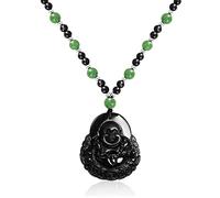 Bling Jewelry Collana con ciondolo Buddha spirituale tailandese, amuleto Yogi Mala verde nero, perline intagliate, lunga, grande, boho, dichiarazione di moda, per donne e uomini.