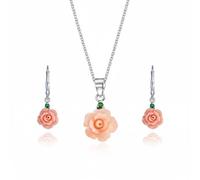 Bling Jewelry Collana Con Ciondolo Floreale Romantico Delicato In 3D Con Rosa Rosa In Fiore E Accenti Verdi CZ & Orecchini Pendenti A Leva Set Di Gioielli Per Donne In Argento Sterling .925