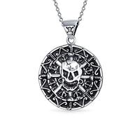 Bling Jewelry Collana con pendente tondo pesante grande medaglione caraibico azteco pirata teschio per uomo in argento sterling ossidato .925