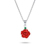 Bling Jewelry Collana Pendente Romantica Delicata con Fiore di Rosa Rossa in Fiore 3D e Accento Verde CZ per Donne e Ragazze in Argento Sterling .925