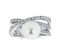 Bling Jewelry Criss Cross Geometrico Pave Cz Solitaire White Simulated Pearl Fashion Statement Ring Per Le Donne Argento Placcato Ottone