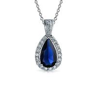 Bling Jewelry Gioielli da Sposa Classici Pendente a Goccia Solitario a Forma di Pera 24X15 Halo AAA 15CT CZ Simulato Zaffiro Blu Collana per Donne Prom Damigella d'Onore Matrimonio Placcato Argento