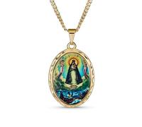 Bling Jewelry Grande Medaglia Religiosa Ovale Medaglione con Foto della Benedetta Madre Vergine Maria Ciondolo Collana in Oro Giallo Placcato per Donne Adolescenti