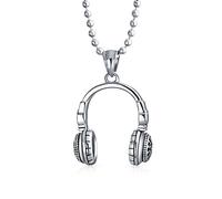 Bling Jewelry Hip Hop musica amante DJ cuffie collana ciondolo per gli uomini per l'adolescenza in acciaio inox tono argento con catena a sfera