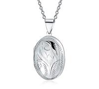 Bling Jewelry Medaglioni Personalizzati In Stile Vintage In Argento .925 A Forma Ovale Per Donne Con Design Inciso A Foglia Floreale Che Contiene Foto Grande Ciondolo Collana Medaglione Fotografico
