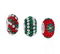 Bling Jewelry Natale Holiday Red Green Flower Banda Mescolare Cristallo Set Di Tre .925 Argento Pendenti Goccia Charm Bead Adatto Bracciale Charm Europeo Per Le Donne Adolescenti