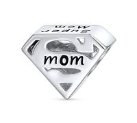 Bling Jewelry Perlina Con Diamante A Forma Di Parola Super Mom Per La Festa Della Mamma Per Donne Moglie Argento 925 Ossidato Adatto A Bracciale Europeo