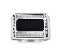 Bling Jewelry Personalizza Anello da Uomo con Zirconia Cubica Geometrica Pavé CZ Accento Rettangolare Signet Statement con Design a Chiave Greca, Smalto Nero in Acciaio Inossidabile