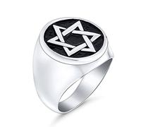 Bling Jewelry Personalizza Grande Anello a Sigillo Rotondo Religioso con Stella di David Ebraica per Hanukkah Bar Mitzvah per Uomo in Smalto Tono Argento Acciaio Inossidabile