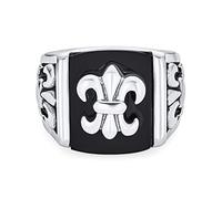 Bling Jewelry Personalizza L'Anello Sigillo Quadrato Fleur De Lis Simulato In Onice Nero Per Uomo In Acciaio Inossidabile Tono Argento