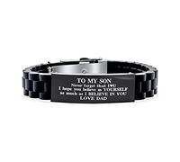 Bling Jewelry Personalizzato a Mio Figlio Coraggio ispiratore ID Bracciale per Figlio Nipote Step-Son Nero in Acciaio Inox Trim-to-Fit Regolabile in Gomma siliconica Comfort Fit Braccialetto