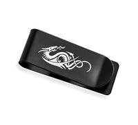 Bling Jewelry Personalizzato Due Toni Stile Asiatico Nero Grigio Ampio Forte Drago Uomini Money Clip Card Holder Regalo Padre inciso al Laser Nero IP Acciaio Inox Personalizzabile