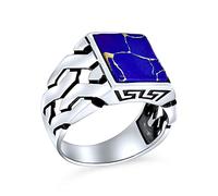 Bling Jewelry Pietra Preziosa Cubano Curb Link Chain Band Blu Creato Lapis Lazuli Rettangolo Signet Ring Per Uomo .925 Argento Fatto A Mano In Turchia