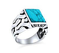 Bling Jewelry Pietra Preziosa Cubano Curb Link Chain Band Blu Creato Turchese Rettangolo Signet Ring Per Uomo .925 Argento Fatto A Mano In Turchia