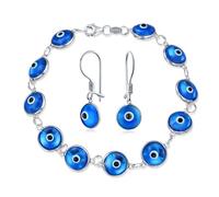 Bling Jewelry Set di Gioielli Amuleto Portafortuna Bracciale con Perline di Vetro Traslucido Turco Occhio di Malocchio Orecchini per Donne Adolescenti .925 Argento Sterling Blu 7,5 Pollici