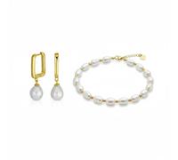 Bling Jewelry Set Di Gioielli Con Bracciale Semplice Da Sposa In Vera Perla Barocca D'Acqua Dolce Bianca E Orecchini A Cerchio Con Goccia A Clip In Oro Placcato Per Donne E Adolescenti