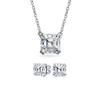 Bling Jewelry Set di Gioielli da Sposa Classico 2-4 CTW Solitario Quadrato Zirconia Cubica AAA CZ Taglio Royal Asscher Orecchini a Lobo Collana Pendente per Donna in Argento Sterling .925