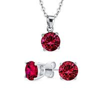 Bling Jewelry Set di gioielli semplici e delicati con ciondolo rotondo solitario da 2CT e orecchini a perno, zirconi cubici simulati rubino, placcati in rodio, argento sterling .925