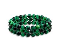 Bling Jewelry Set di tre braccialetti elastici con perline rotonde in occhio di tigre verde semi-prezioso da 8MM per donne, uomini, adolescenti, unisex, singolo filo.